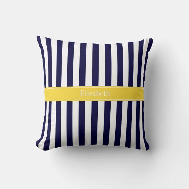 Navy White Stripe Pineapple Ribbon Name Monogram Throw Pillow (Front)