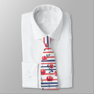 Navy White Stripe Red Poppy Coastal Floral Neck Tie