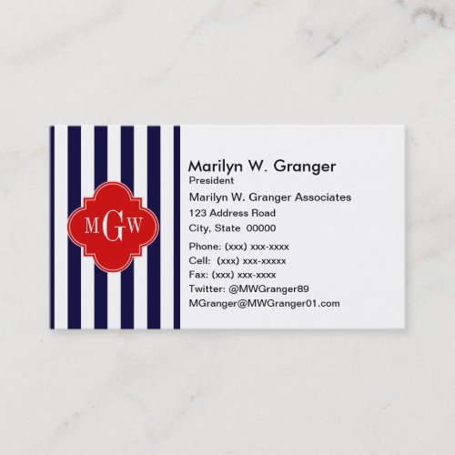 Navy White Stripe Red Quatrefoil 3 Monogram Business Card