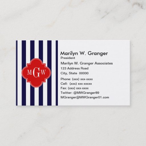Customizable Navy White Stripe Red Quatrefoil 3 Monogram Business Card
