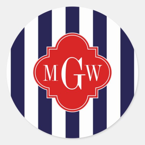 Navy White Stripe Red Quatrefoil 3 Monogram Classic Round Sticker