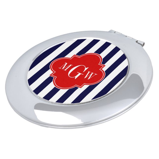 Navy White Stripe Red Quatrefoil 3 Monogram Mirror For Makeup (Turned)