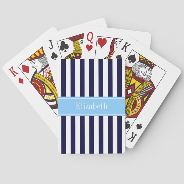 Navy White Stripe Sky Blue Ribbon Name Monogram Poker Cards (Back)