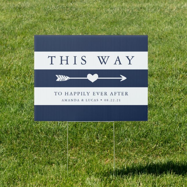 Navy & White Stripe Wedding Directional Sign (Insitu)