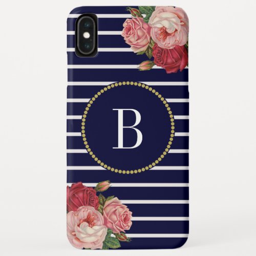 Navy White Striped Cool Floral Gold Monogram iPhone XS Max Case