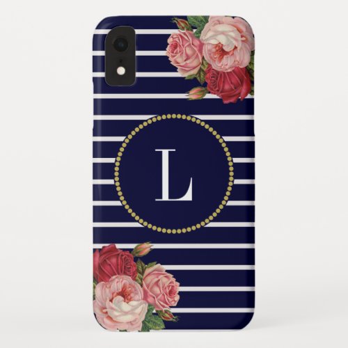 Navy White Striped Cute Floral Gold Monogram iPhone XR Case