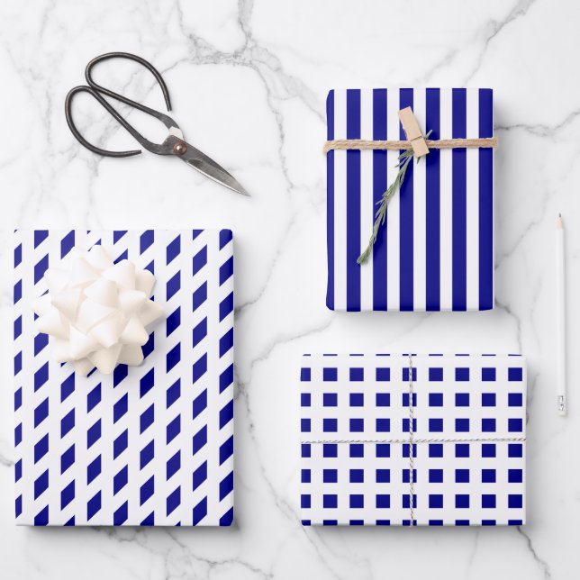 Navy white stripes check diamond geometric pattern wrapping paper sheets (Front)