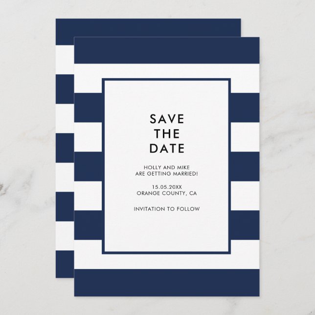 Navy White Stripes Chic Simple Modern Minimal Invitation (Front/Back)