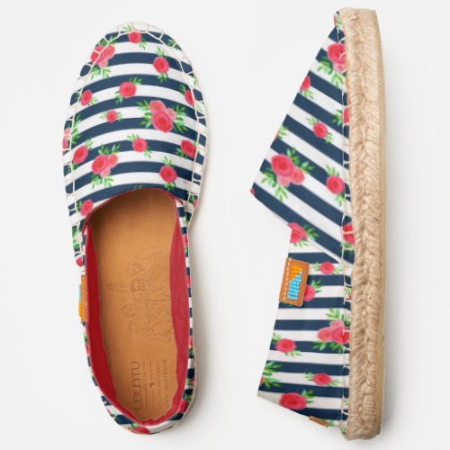 Navy White Stripes Coral Watercolor Floral Print Espadrilles