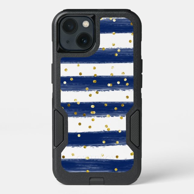 Navy, White Stripes, Gold Confetti Cell Case (Back)