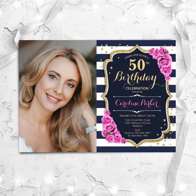 Navy White Stripes Gold Pink Photo 50th Birthday Invitation (Creator Uploaded)