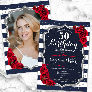 Navy White Stripes Red Silver Photo 50th Birthday Invitation