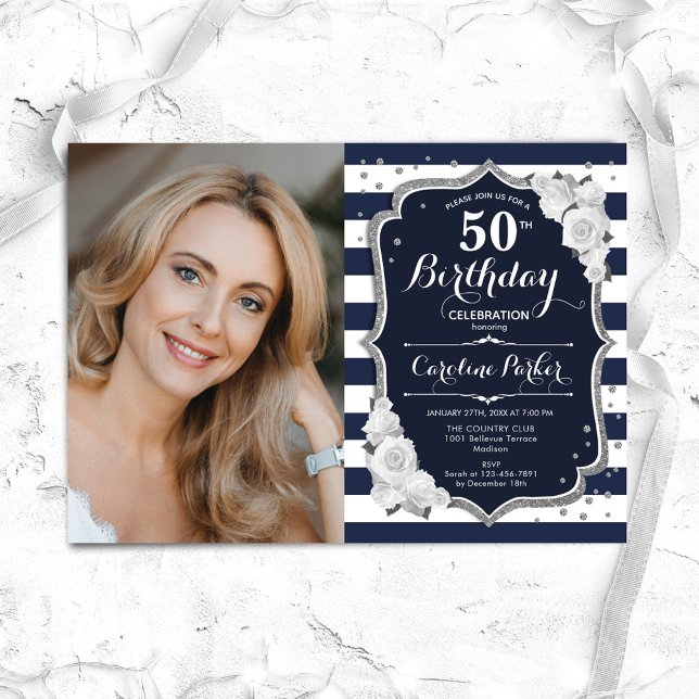 Navy White Stripes Silver Photo 50th Birthday Invitation (Creator Uploaded)
