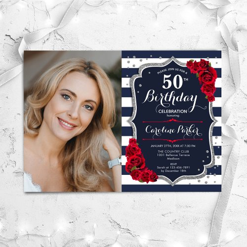 Navy White Stripes Silver Red Photo 50th Birthday Invitation