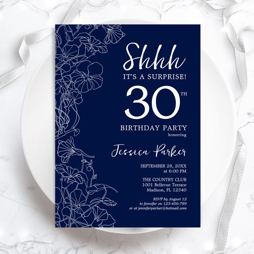 Navy White Surprise 30th Birthday Invitation