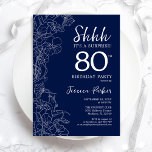 Navy White Surprise 80th Birthday Invitation<br><div class="desc">Navy White Surprise 80th Birthday Invitation. Minimalist modern feminine design features botanical accents and typography script font. Simple floral invite card perfect for a stylish female surprise bday celebration. Printed Zazzle invitations or instant download digital printable template.</div>