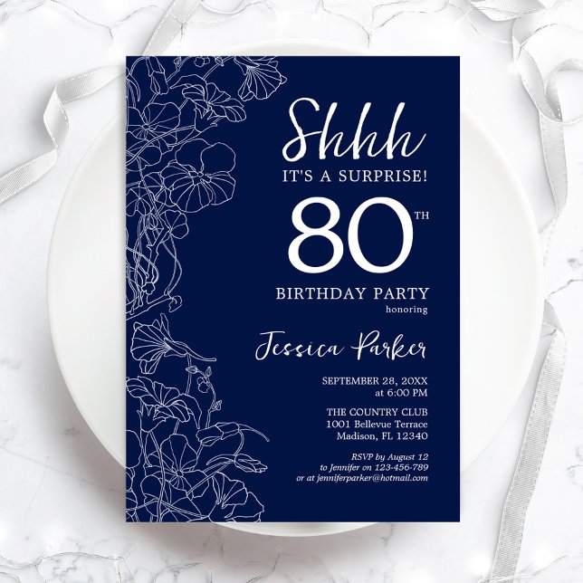 Navy White Surprise 80th Birthday Invitation (Creator Uploaded)