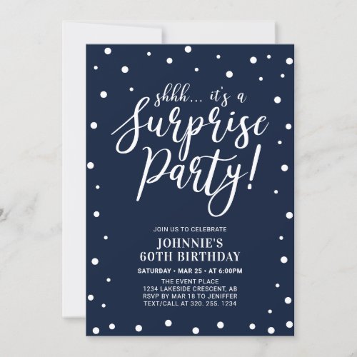 Navy  White  Surprise Adult Birthday Party Invitation