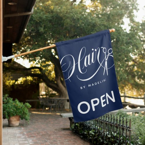 Navy White Swirly Hair  Scissors Hair Salon Open House Flag