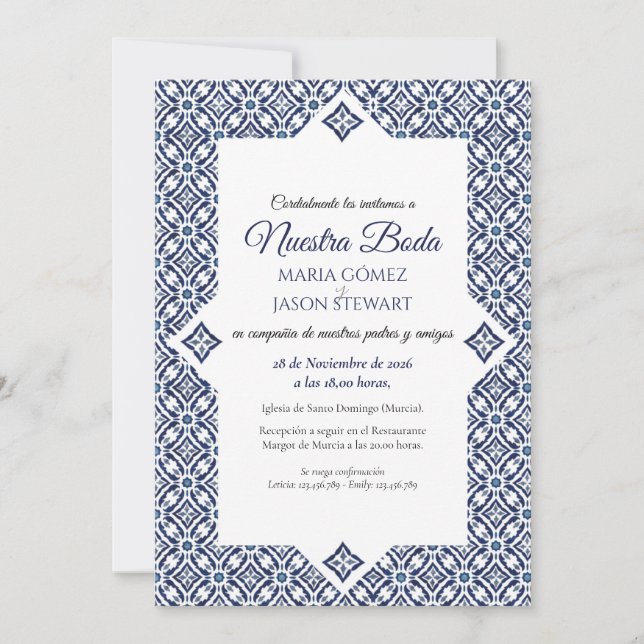 Navy White Talavera Formal Elegant Spanish Wedding Invitation (Front)