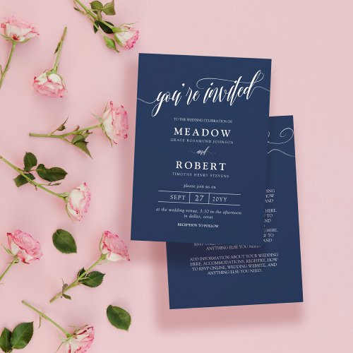 Navy White Typography Informal 2 in 1 Wedding Invitation