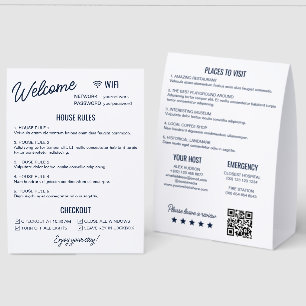 Navy White Vacation Rental Wifi Rules Information Paper Table Tent