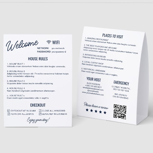 Navy White Vacation Rental Wifi Rules Information Paper Table Tent (Front/Back)