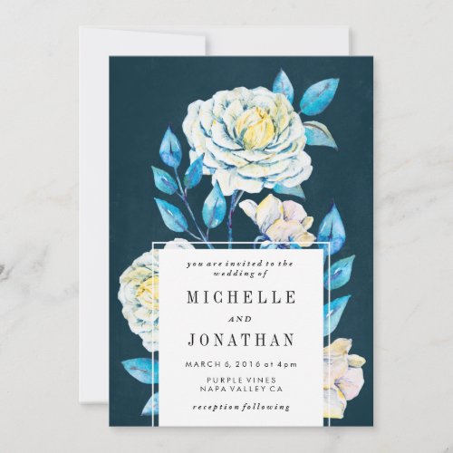 Navy White Vintage Floral Wedding Invitation Chalk