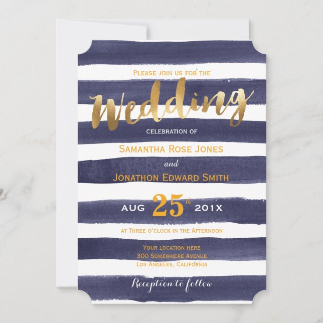 Navy White Watercolor Stripes Gold Wedding Invitation (Front)