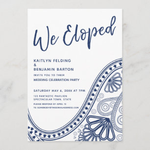 Navy & White We Eloped Paisley Reception-Only Invitation