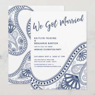 Navy & White We Got Married Paisley Reception-Only Invitation