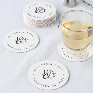 Navy & White Wedding Monogram Round Paper Coaster