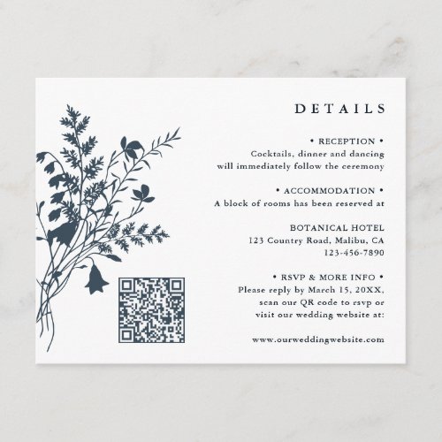 Navy  White Wildflower Bouquet Wedding Details Enclosure Card