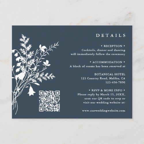 Navy  White Wildflower Bouquet Wedding Details Enclosure Card