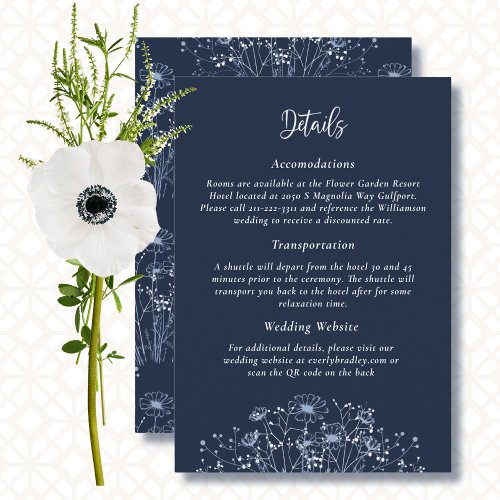 Navy White Wildflower QR Code Details Wedding  Enclosure Card