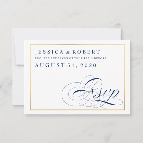 Navy  White with Faux Gold Wedding RSVP Card