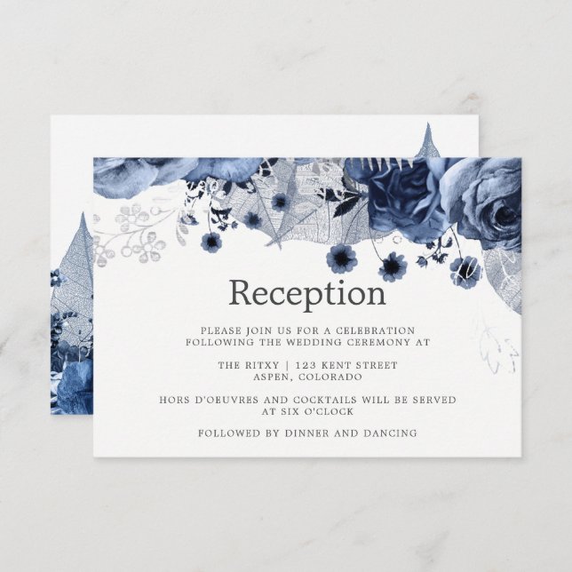 Navy & White with Silver Floral Wedding Reception Invitation (Front/Back)