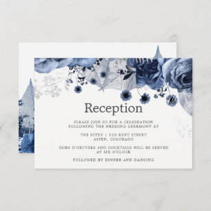 Navy & White with Silver Floral Wedding Reception Invitation