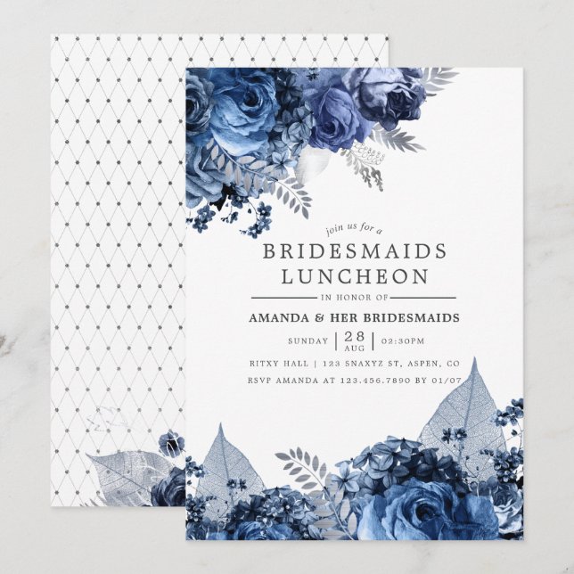 Navy & White with Silver Foil Bridesmaids Luncheon Invitation (Front/Back)