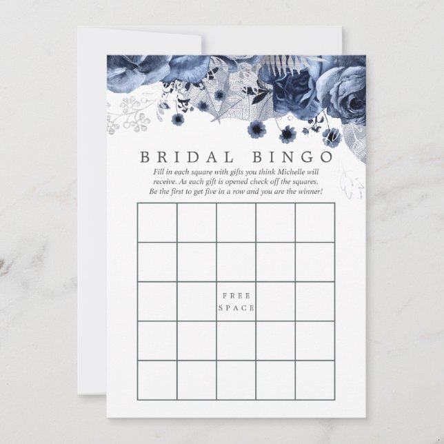 Navy & White with Silver Foil Floral Bridal Bingo (Front)