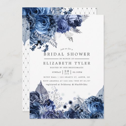 Navy  White with Silver Foil Floral Bridal Shower Invitation