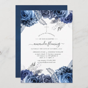 Navy & White with Silver Foil Floral Confirmation Invitation