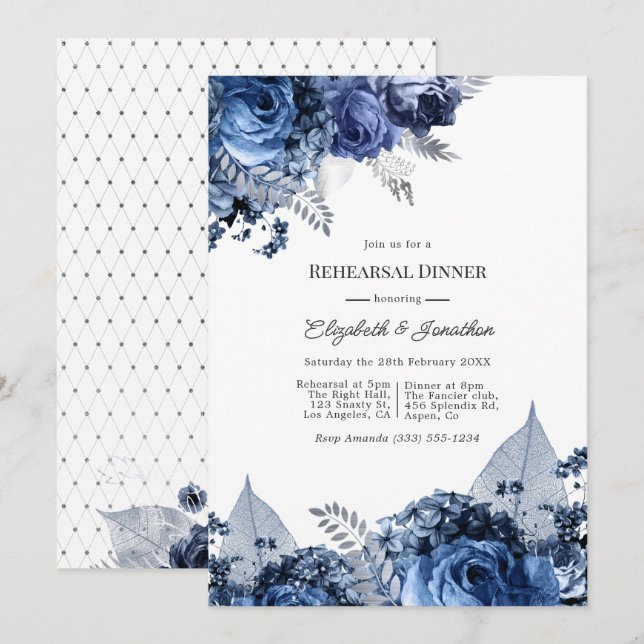 Navy & White with Silver Foil Rehearsal Dinner Invitation (Front/Back)