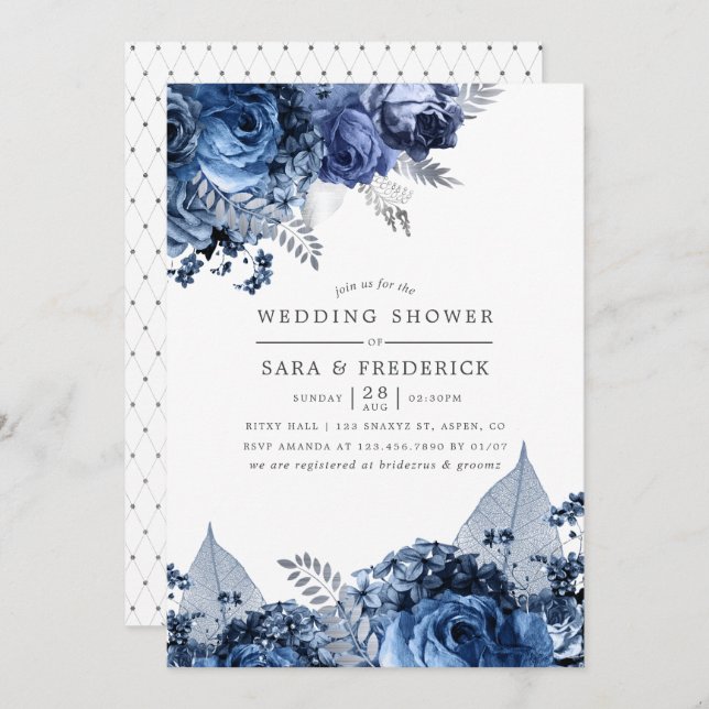 Navy & White with Silver Foil Wedding Shower Invitation (Front/Back)