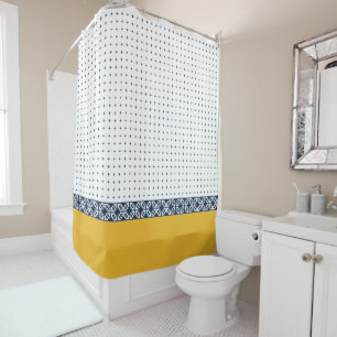Navy White Yellow Gold Eastern Geometric Pattern Shower Curtain