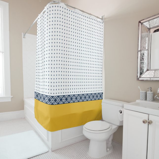 Navy White Yellow Gold Eastern Geometric Pattern  Shower Curtain (In Situ)