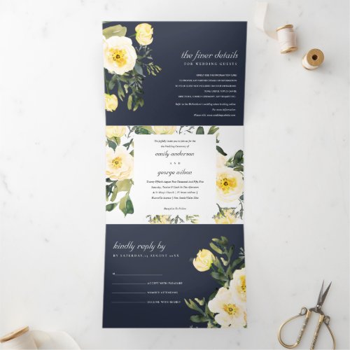 NAVY WHITE YELLOW PEONY FLORAL WATERCOLOR WEDDING Tri_Fold INVITATION