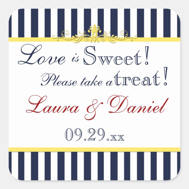 Navy, White, Yellow, Red Striped Favor Sticker (Front)