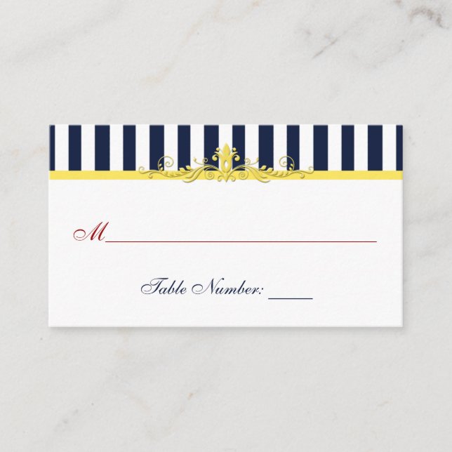 Navy, White, Yellow, Red Striped Place Card (Front)