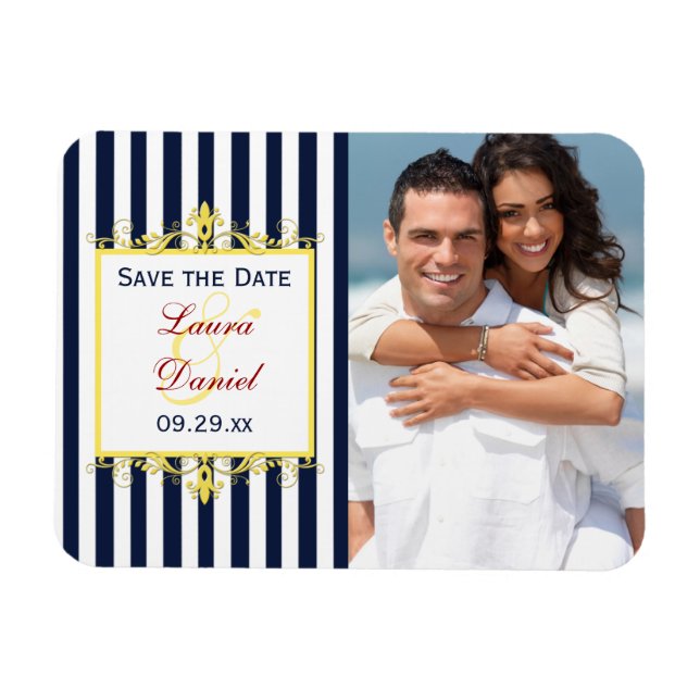 Navy White Yellow Red Striped Save the Date Magnet (Horizontal)